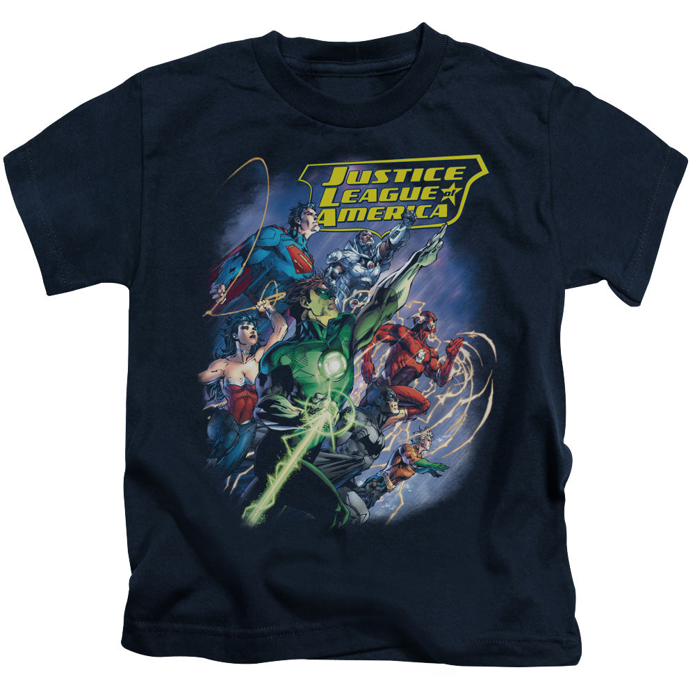 Justice League Onward Juvenile Kids Youth T Shirt Navy Blue Blue Officially Licensed