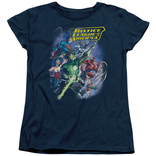 Justice League Onward Womens T Shirt Navy Blue Blue Officially Licensed