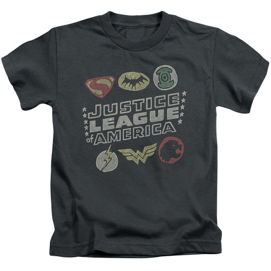 Justice League Symbols Juvenile Kids Youth T Shirt Charcoal Officially Licensed