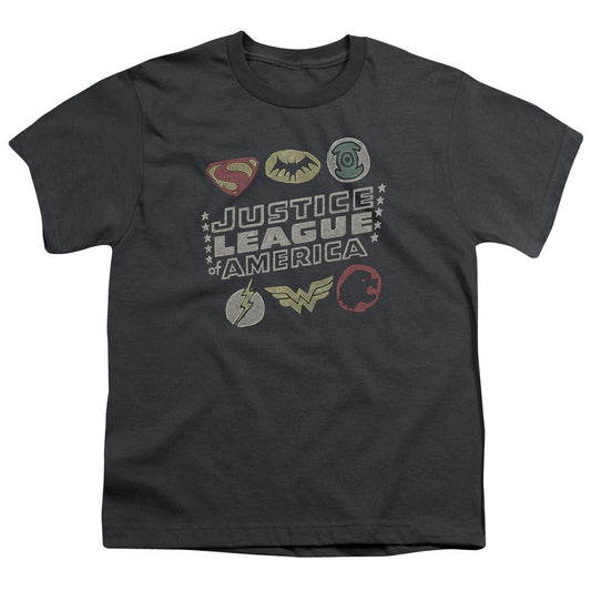 Justice League Symbols Kids Youth T Shirt Charcoal Officially Licensed