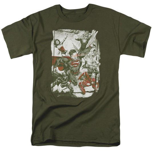 Justice League Green and Red Mens T Shirt Military Green Officially Licensed