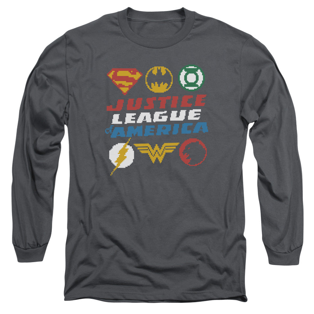 Justice League Pixel Logos Mens Long Sleeve Shirt Charcoal Officially Licensed