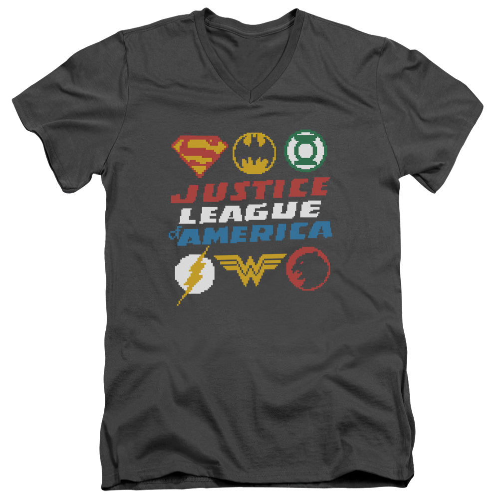 Justice League Pixel Logos Mens Slim Fit V-Neck T Shirt Charcoal Officially Licensed