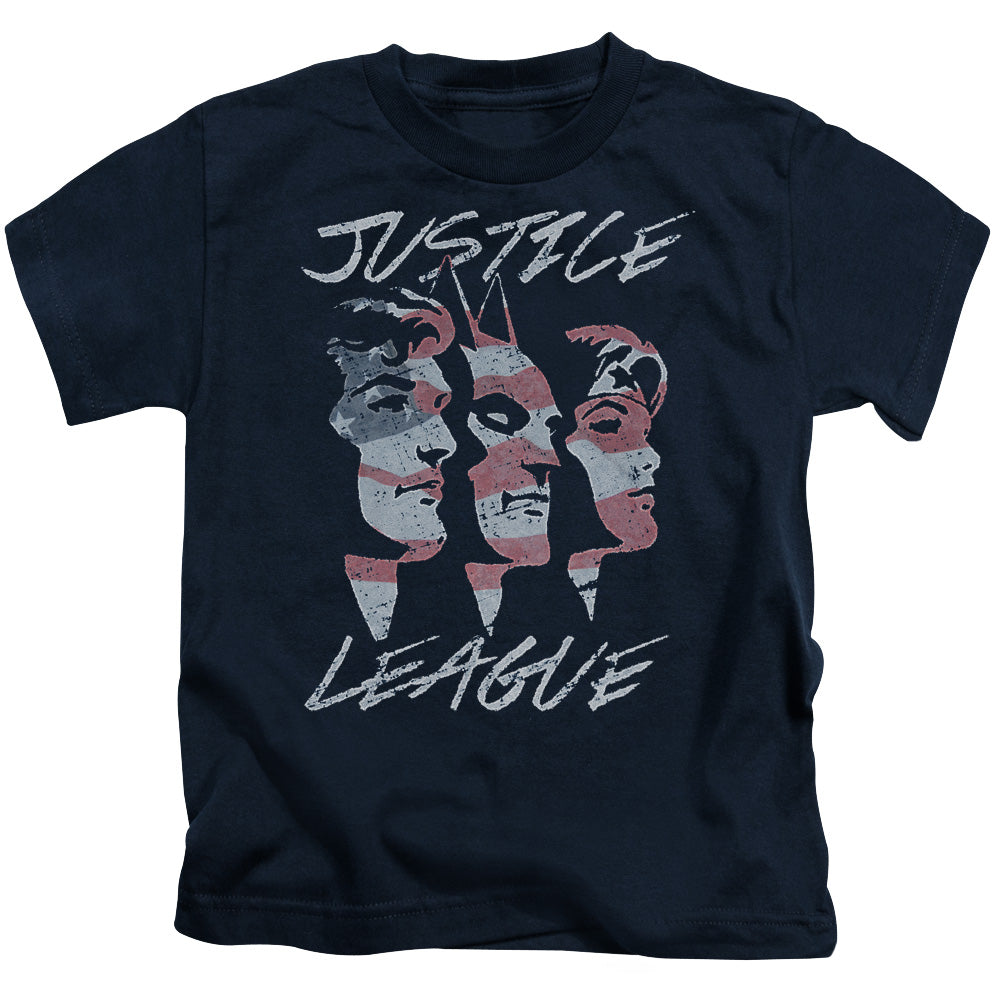 Justice League Justice for America Juvenile Kids Youth T Shirt Navy Blue Blue Officially Licensed