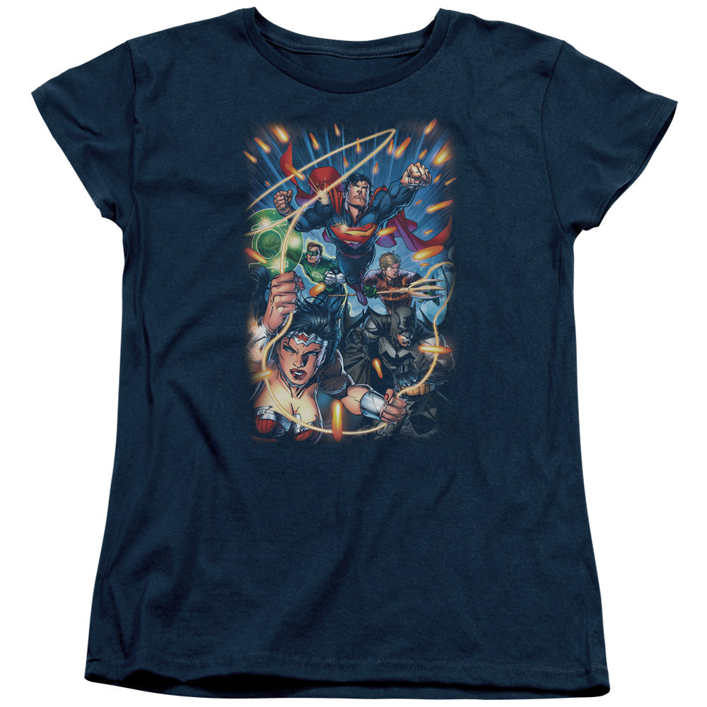Justice League Under Attack Womens T Shirt Navy Blue Blue Officially Licensed