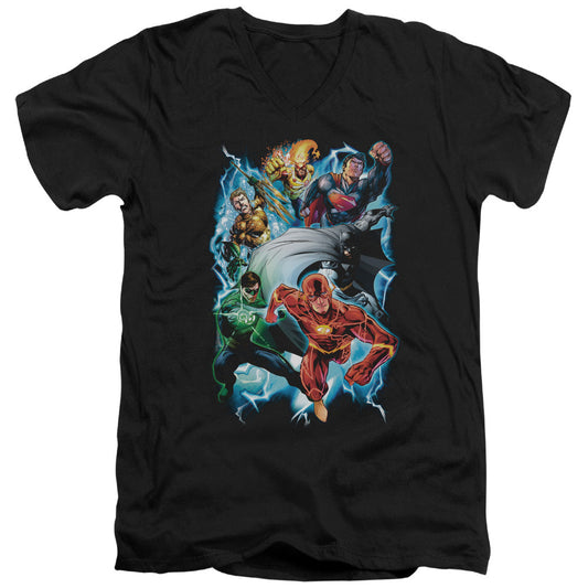 Justice League Electric Team Mens Slim Fit V-Neck T Shirt Black Officially Licensed