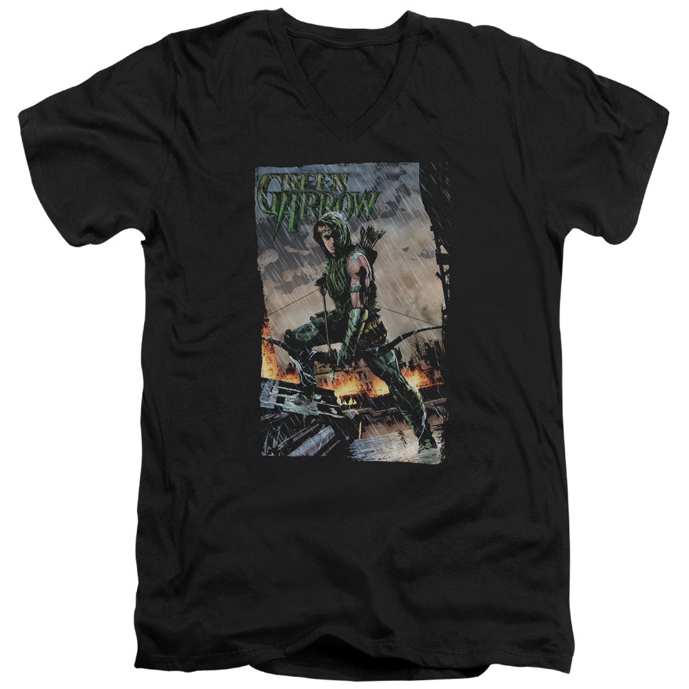 Justice League Fire and Rain Mens Slim Fit V-Neck T Shirt Black Officially Licensed