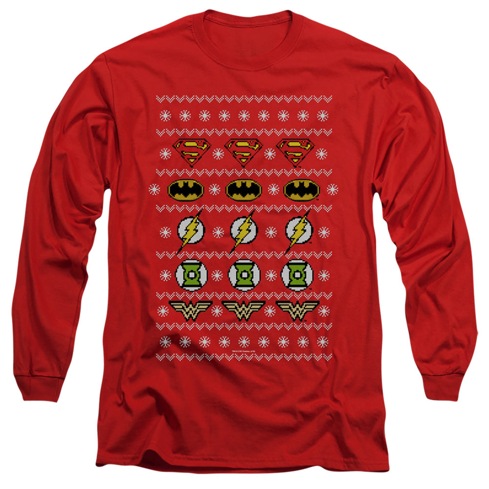 Justice League Justice Shields Christmas Sweater Mens Long Sleeve Shirt Red Officially Licensed