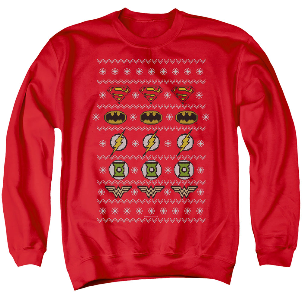 Justice League Justice Shields Christmas Sweater Mens Crewneck Sweatshirt Red Officially Licensed