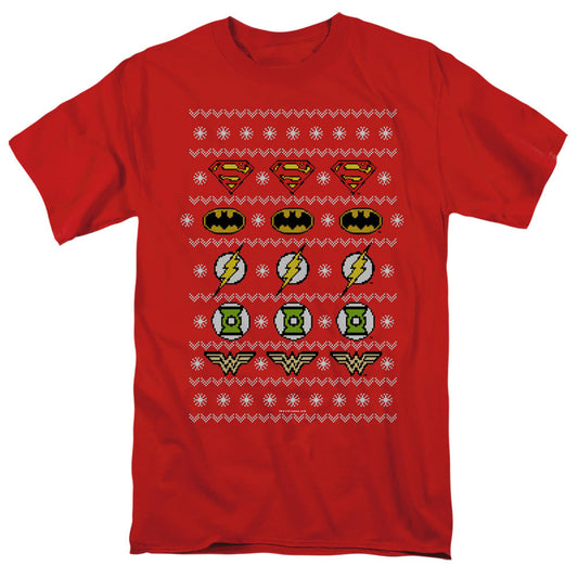 Justice League Justice Shields Christmas Sweater Mens T Shirt Red Officially Licensed