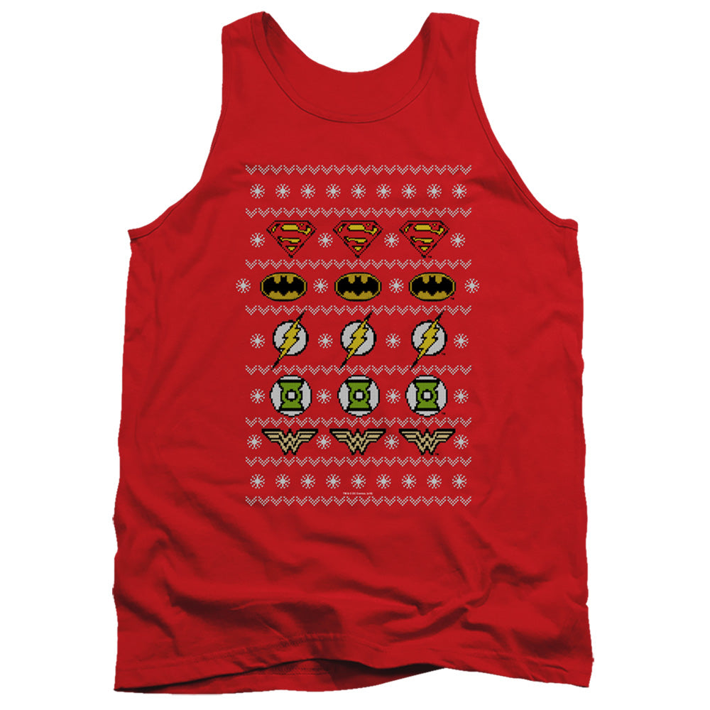 Justice League Justice Shields Christmas Sweater Mens Tank Top Shirt Red Officially Licensed