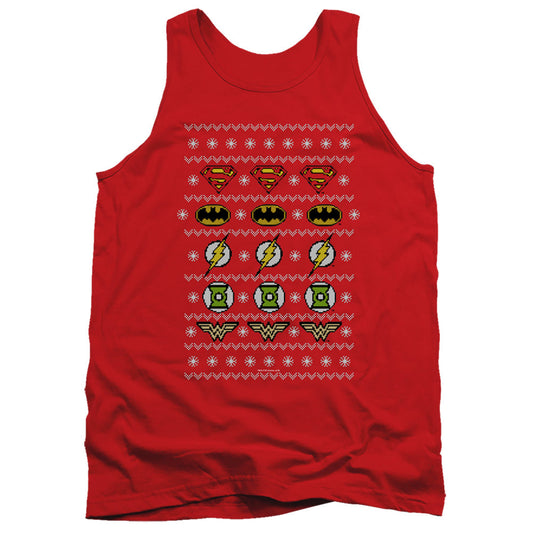 Justice League Assemble Justice Shields Christmas Sweater Mens Tank Top Shirt Red Officially Licensed