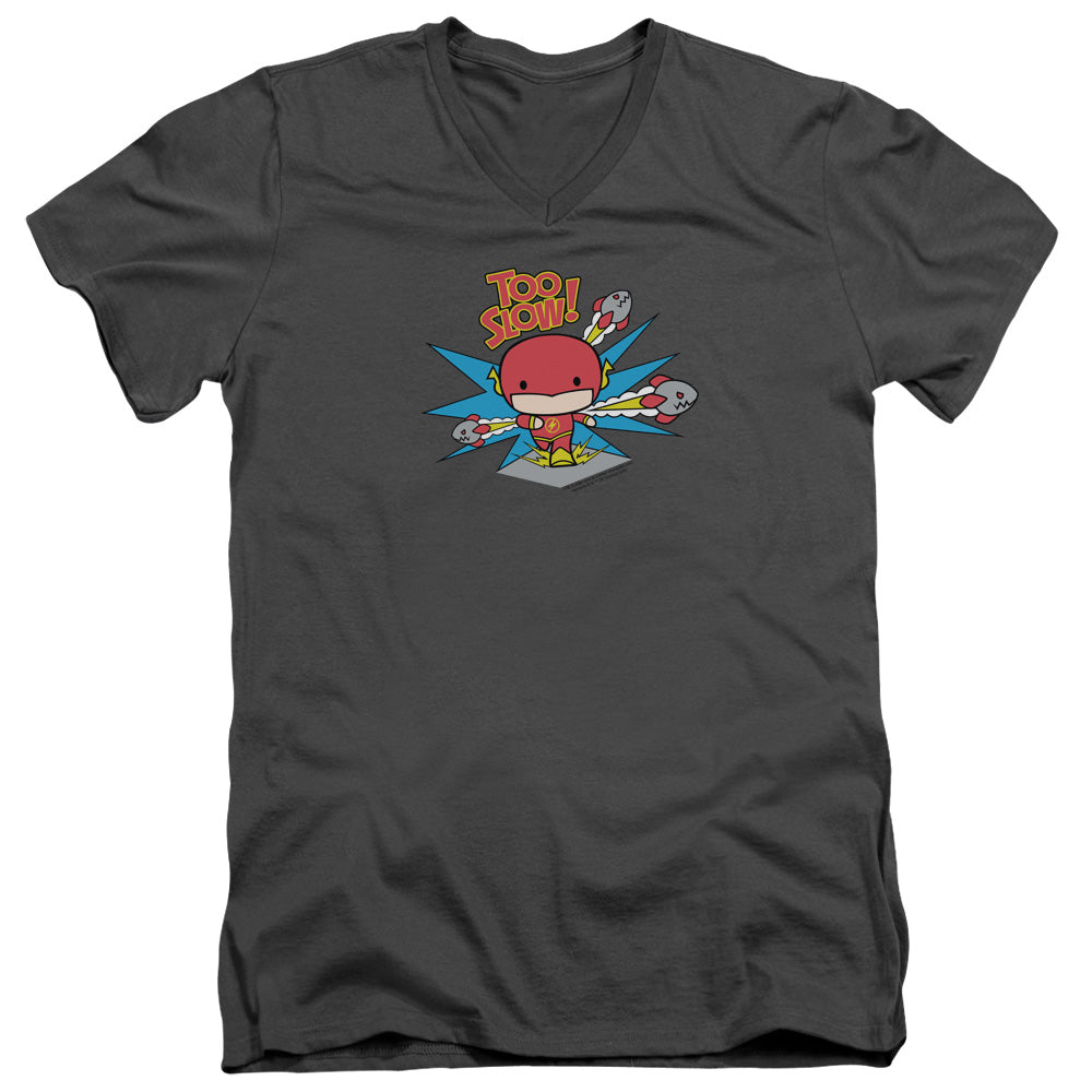 Dc Flash Too Slow Mens Slim Fit V-Neck T Shirt Charcoal Officially Licensed