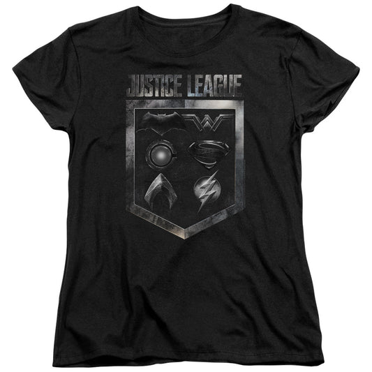 Justice League Movie Shield of Emblems Womens T Shirt Black Officially Licensed