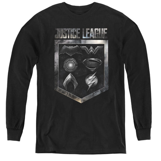 Justice League Movie Shield of Emblems Long Sleeve Kids Youth T Shirt Black Officially Licensed