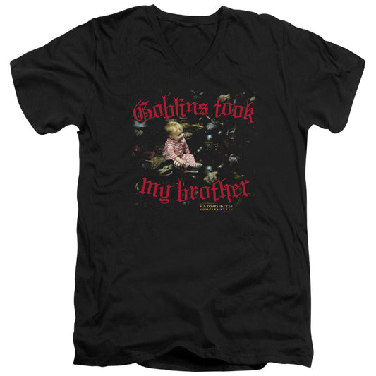 Labyrinth Goblins Took My Brother Mens Slim Fit V-Neck T Shirt Black Officially Licensed