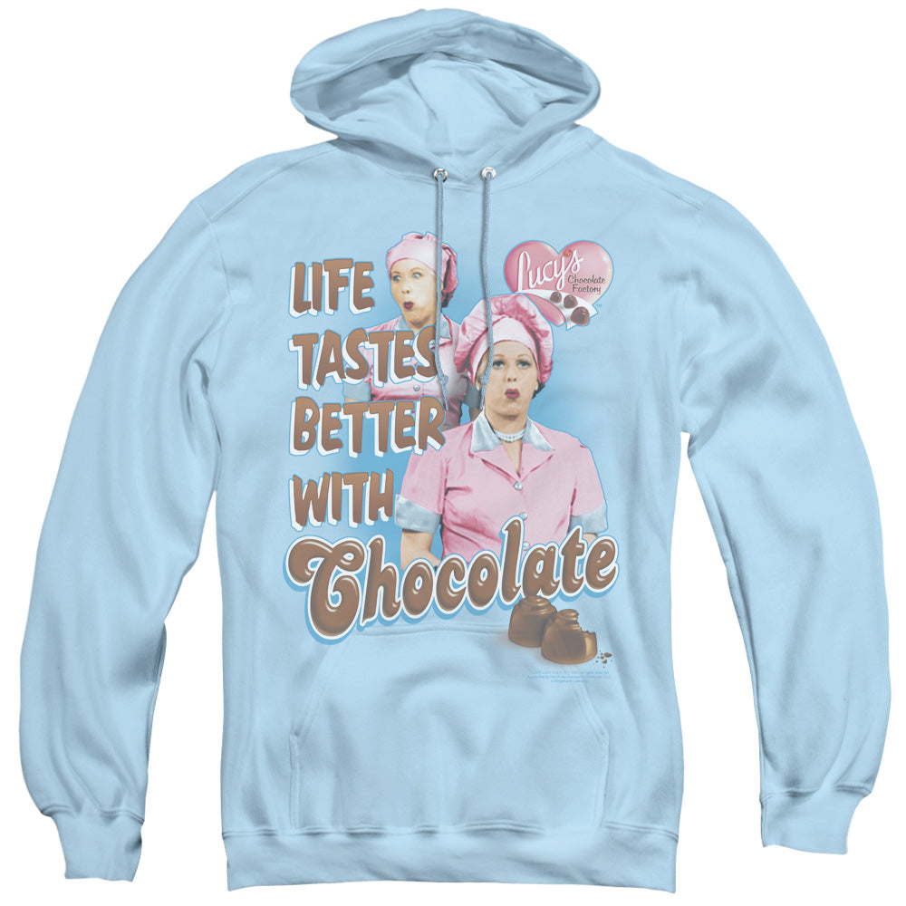 I Love Lucy Better With Chocolate Mens Hoodie Light Blue Officially Licensed