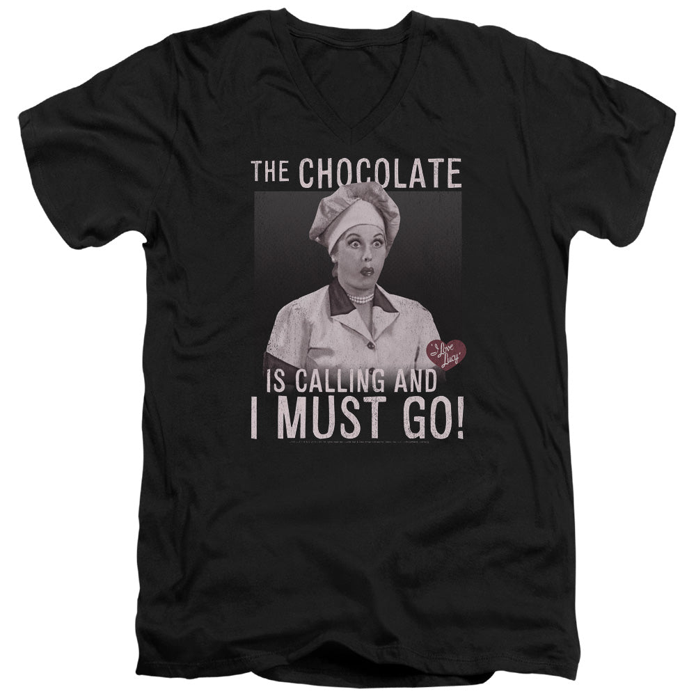 I Love Lucy Chocolate Calling Mens Slim Fit V-Neck T Shirt Black Officially Licensed