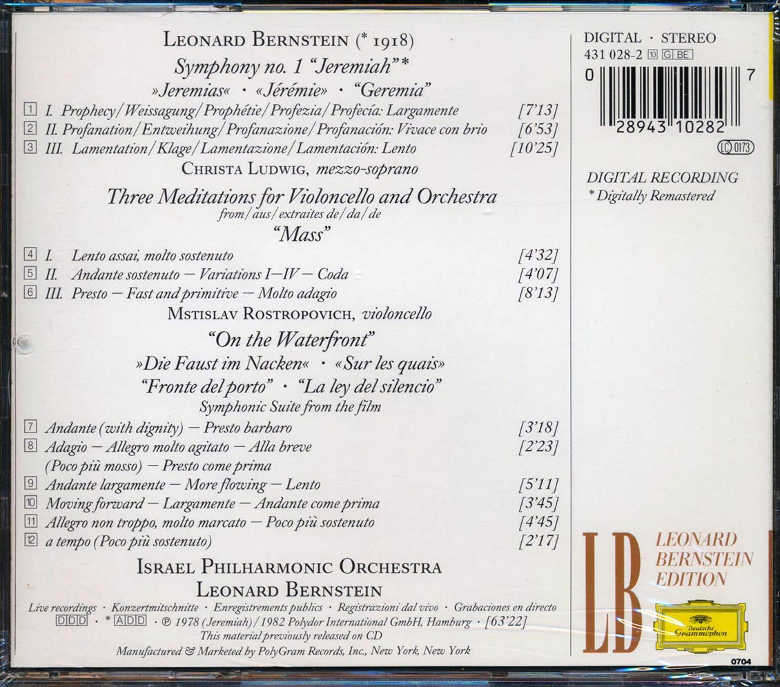 Leonard Bernstein - Symphony No. 1 "Jeremiah", Three Mediations, "On the Waterfront" [Compilation] [New CD]