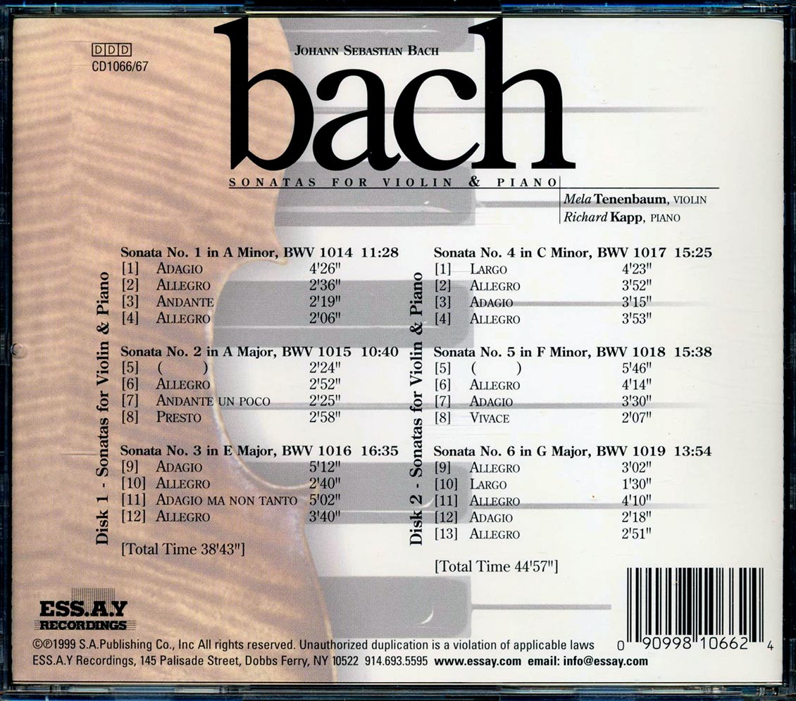 Mela Tenenbaum, Richard Kapp - Bach: Sonatas for Violin & Piano [1999 New CD]