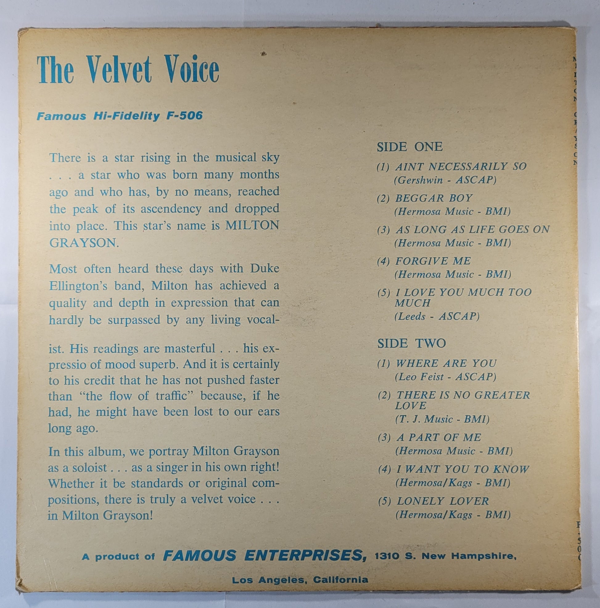 Milton Grayson - The Velvet Voice of Milton Grayson [1961 Used Vinyl Record LP]