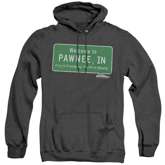 Parks And Rec Pawnee Sign Mens Heather Hoodie Black Officially Licensed