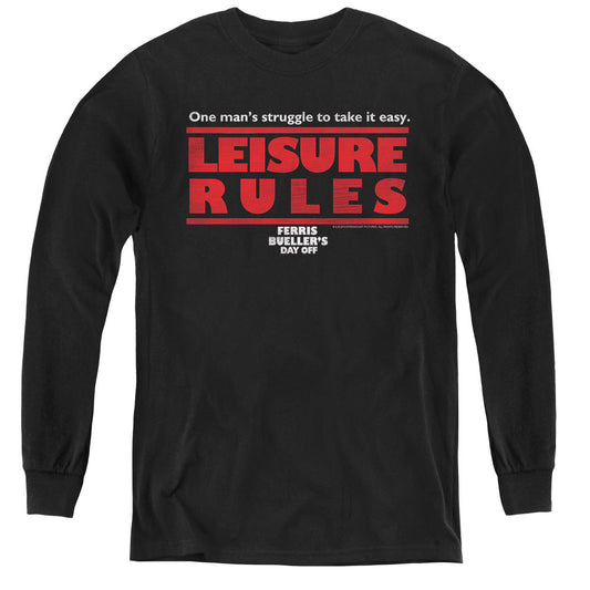 Ferris Buellers Day Off Leisure Rules Long Sleeve Kids Youth T Shirt Black Officially Licensed