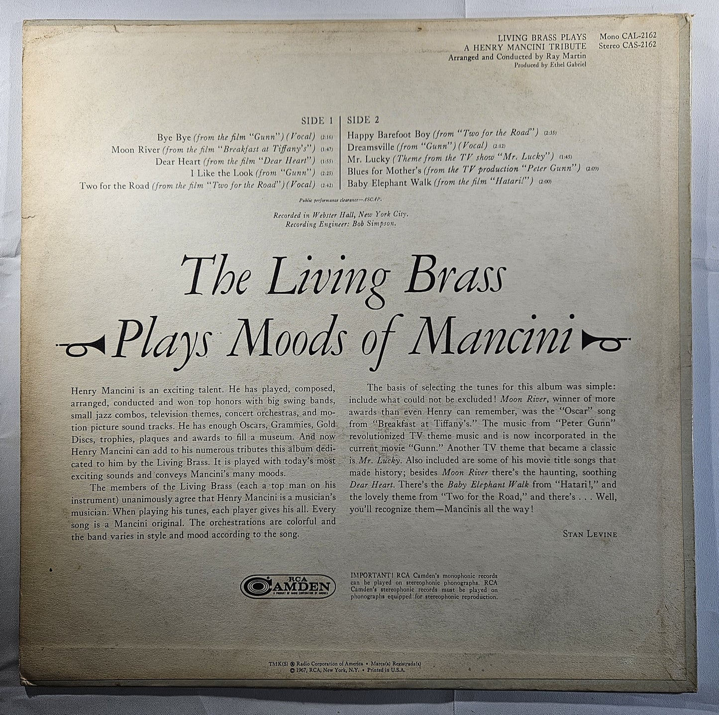 Ray Martin - Living Brass Plays a Henry Mancini Tribute [1967 Used Vinyl Record LP]