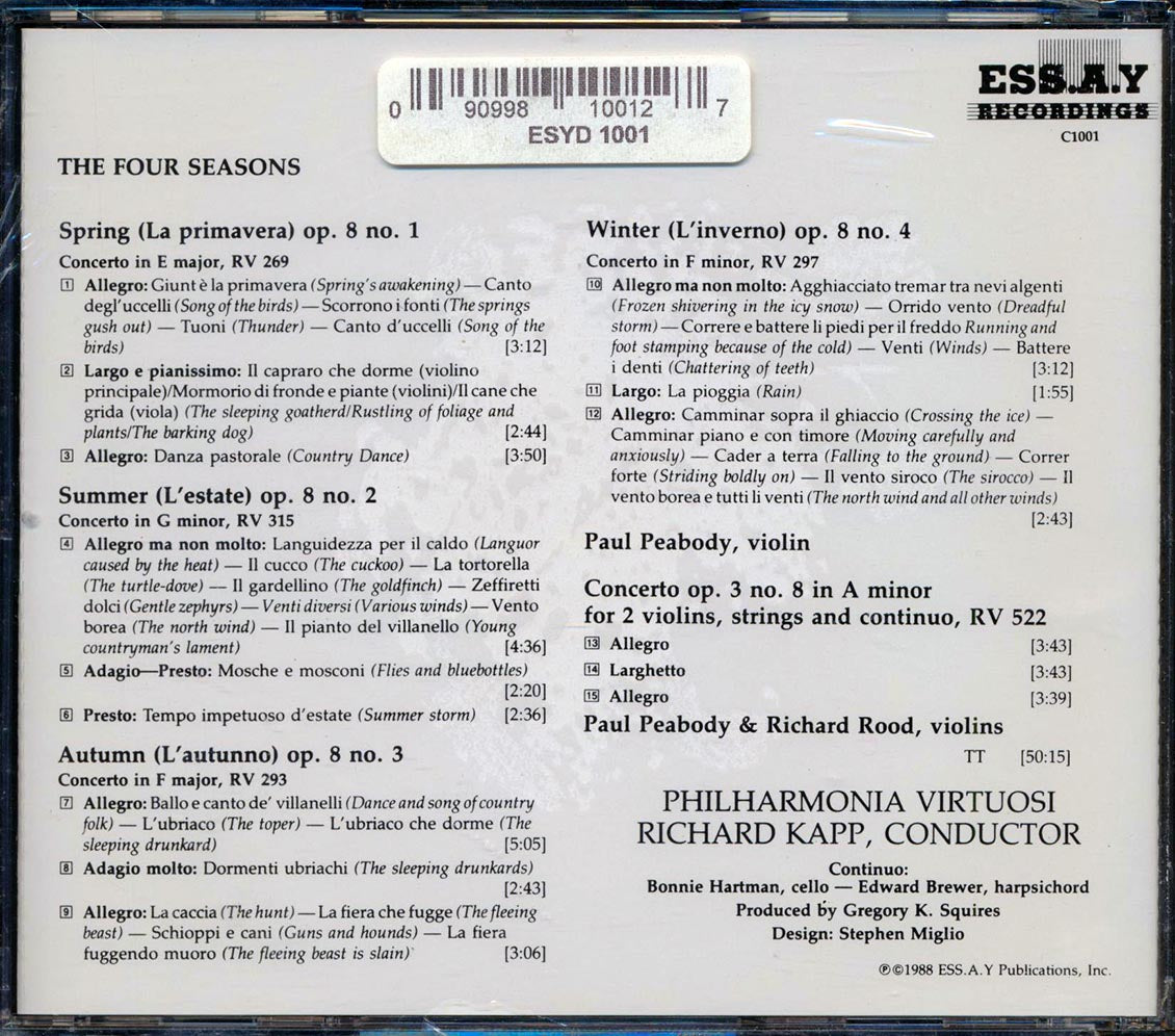 Richard Kapp - Vivaldi The Four Seasons (Paul Peabody) [1988 New CD]