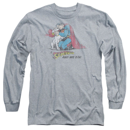Superman And His Dog Mens Long Sleeve Shirt Athletic Heather Officially Licensed