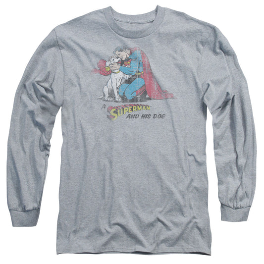 Superman And His Dog Mens Long Sleeve Shirt Athletic Heather Officially Licensed