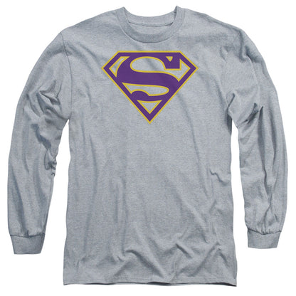 Superman Purple & Gold Shield Mens Long Sleeve Shirt Athletic Heather Officially Licensed