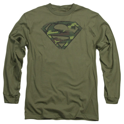 Superman Distressed Camo Shield Mens Long Sleeve Shirt Military Green Officially Licensed