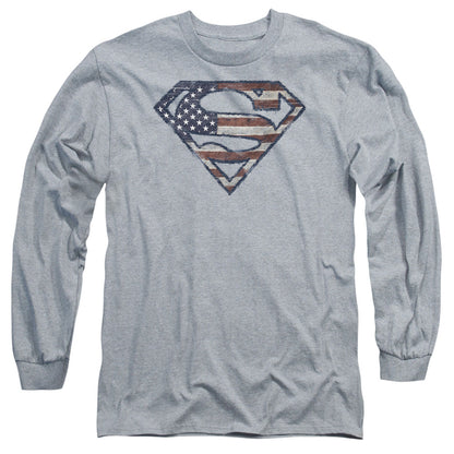Superman Wartorn Flag Mens Long Sleeve Shirt Athletic Heather Officially Licensed