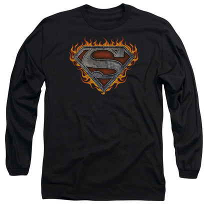 Superman Iron Fire Shield Mens Long Sleeve Shirt Black Officially Licensed