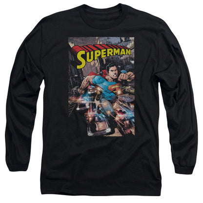 Superman Action One Mens Long Sleeve Shirt Black Officially Licensed
