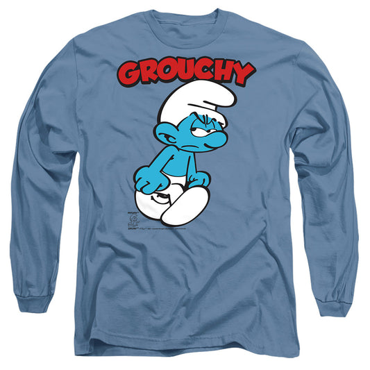 Smurfs Grouchy Mens Long Sleeve Shirt Carolina Blue Officially Licensed