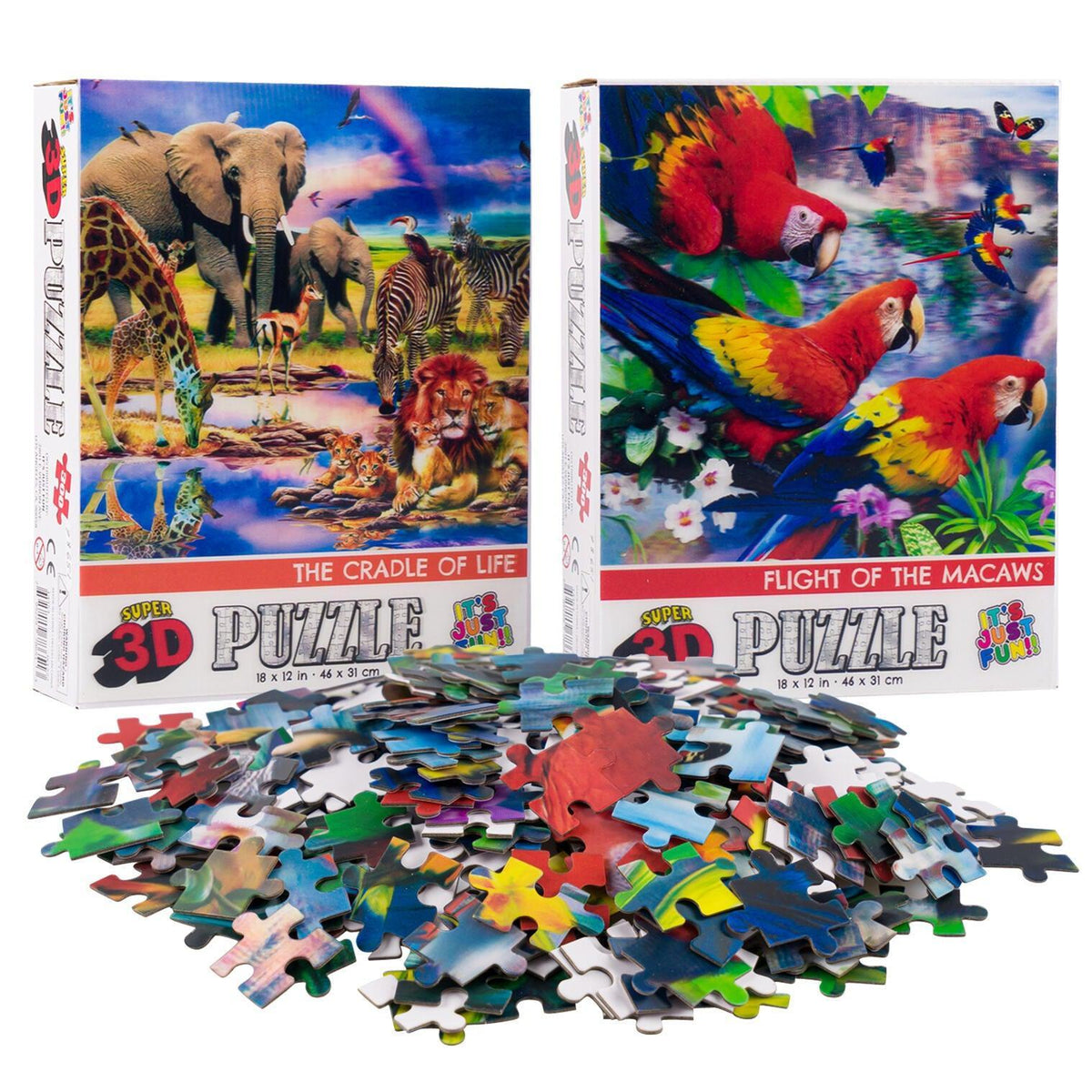 Savanna Animals & Macaws Set of 2 300 Piece Lenticular Jigsaw Puzzles Prime 3D
