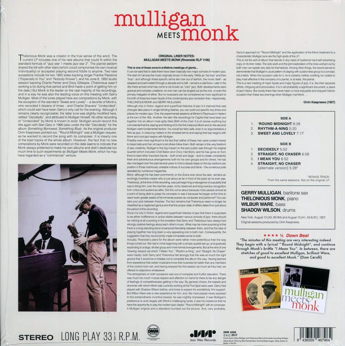 Thelonious Monk, Gerry Mulligan - Mulligan Meets Monk (+bonus track) (180g) [New Vinyl Record LP]