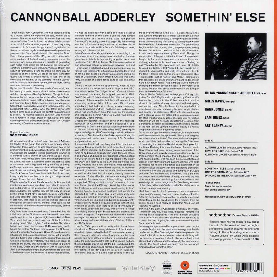 Cannonball Adderley, Miles Davis, Hank Jones, Sam Jones, Art Blakey - Somethin' Else (+bonus track) (ltd. ed.) (180g) (orange vinyl) [New Vinyl Record LP]