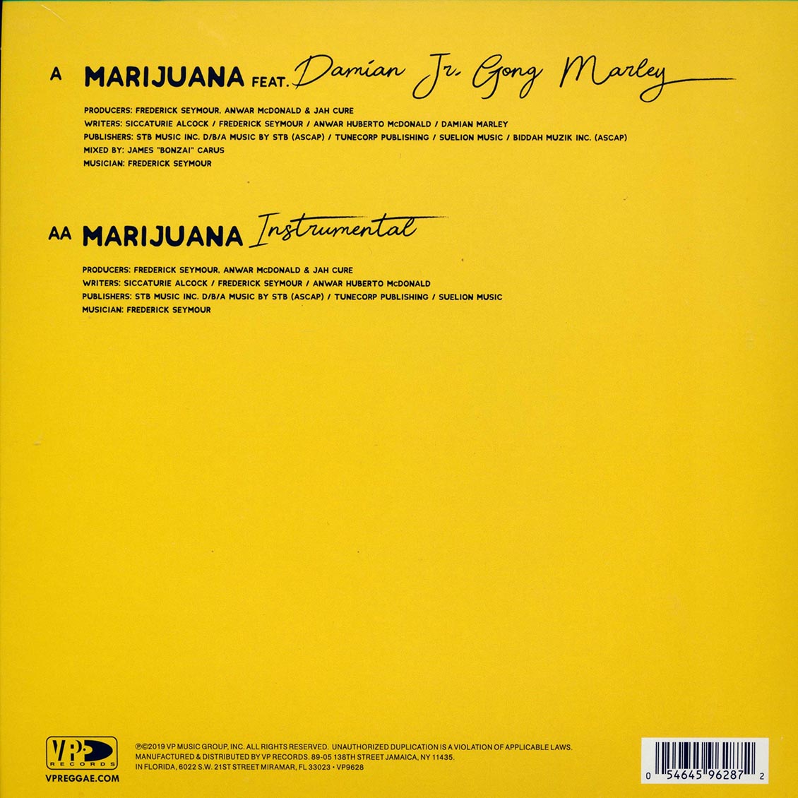 Jah Cure, Damian Marley - Marijuana  /  Marijuana Instrumental [New Vinyl Record 7" Single]
