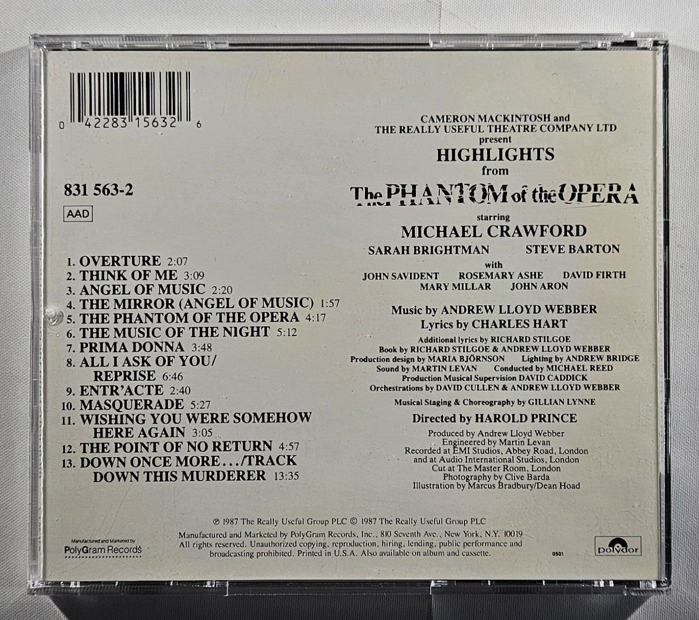 Andrew Lloyd Webber - Highlights From The Phantom of the Opera [1987 Used CD] [D]