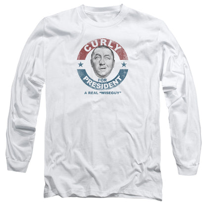 Three Stooges Curly For President Mens Long Sleeve Shirt White Officially Licensed