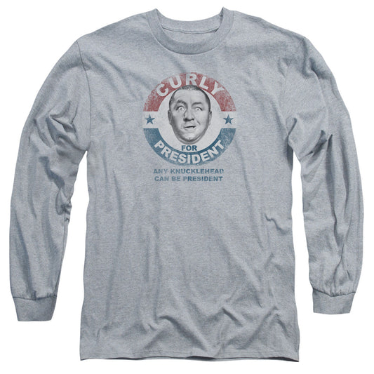 Three Stooges Curly For President Mens Long Sleeve Shirt Athletic Heather Officially Licensed
