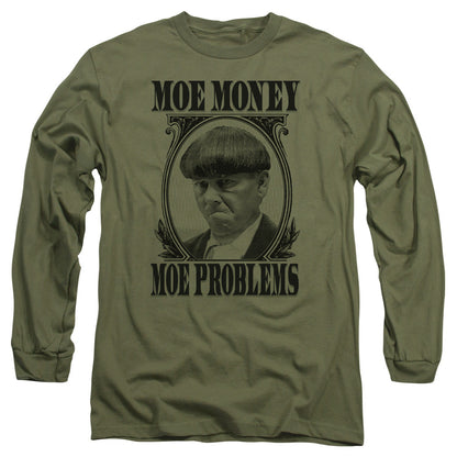 Three Stooges Moe Money Mens Long Sleeve Shirt Military Green Officially Licensed