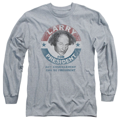 Three Stooges Larry For President Mens Long Sleeve Shirt Athletic Heather Officially Licensed