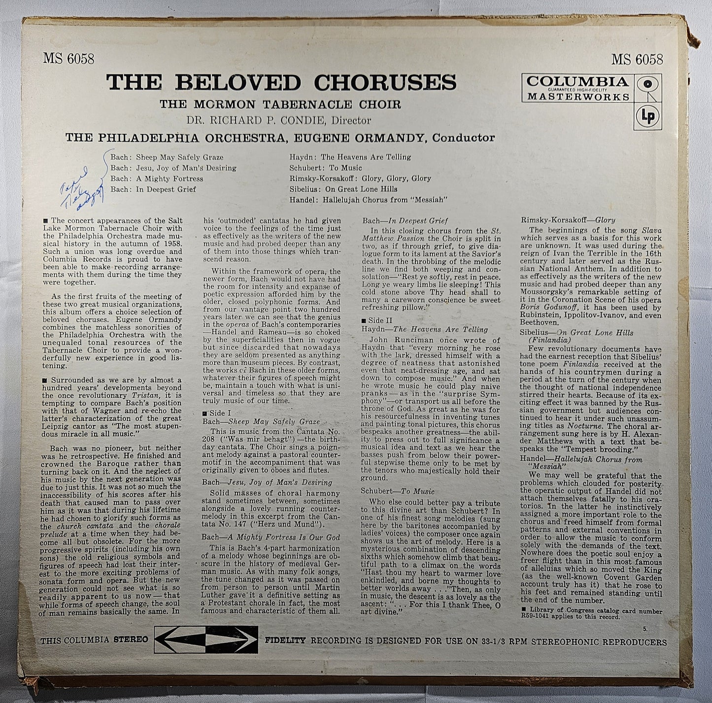 The Mormon Tabernacle Choir - The Beloved Choruses [1958 Used Vinyl Record LP]