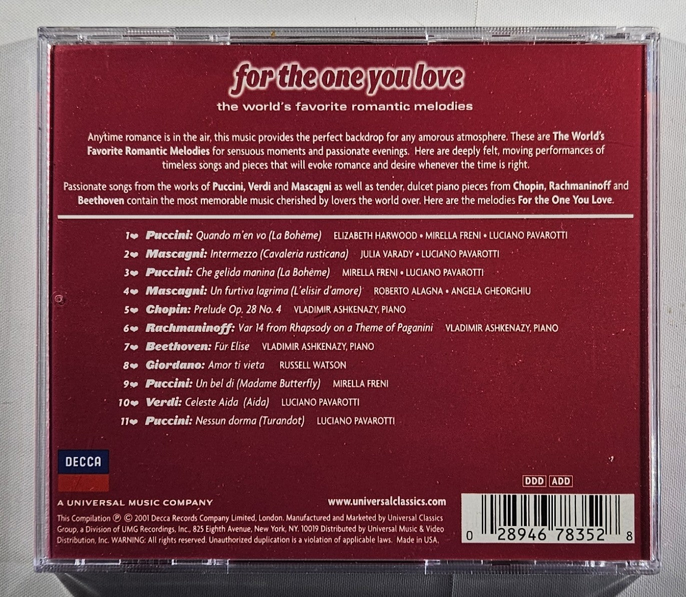 Various - For the One You Love (The World's Favorite Romantic Melodies) [2001 Used CD]