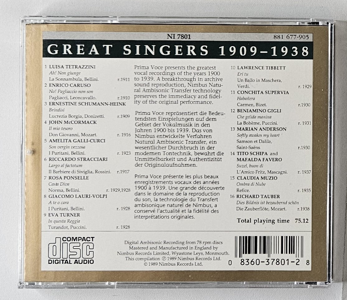 Various - Great Singers 1909-1938 [1989 Compilation Mono] [Used CD]