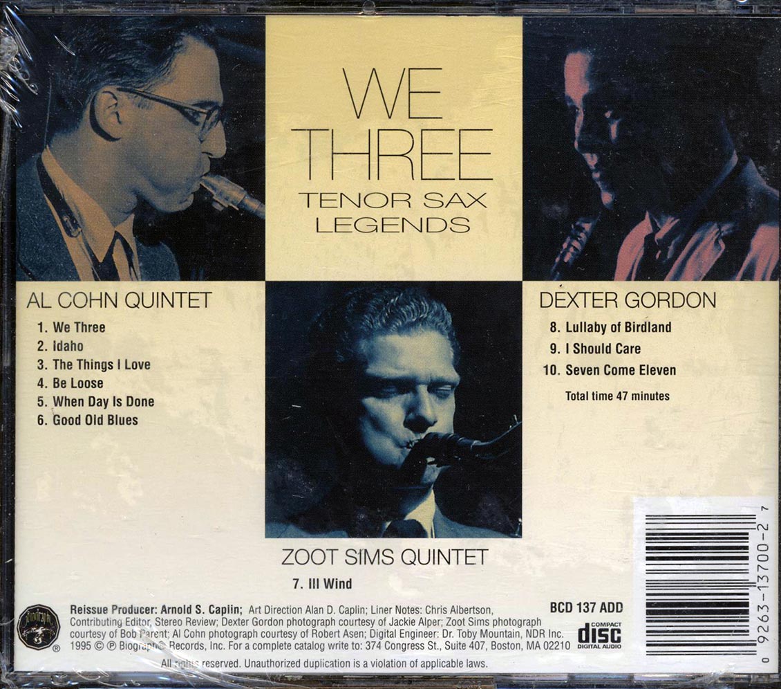 Dexter Gordon, Zoot Sims, Al Cohn - We Three: Tenor Sax Legends [1995 Compilation] [New CD]